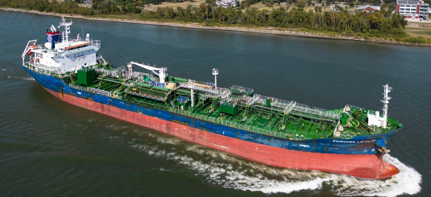 A cargo ship navigates the Mississippi river in New Orleans on October 17, 2023. 