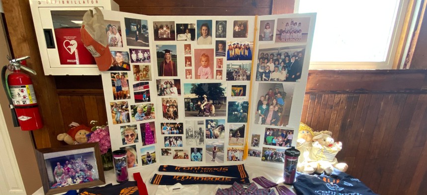 Mementos and photos displayed at Pamela Antoni’s funeral.