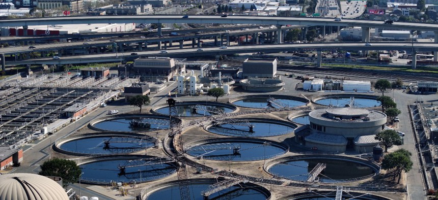 In an aerial view, pools of water are visible at the East Bay Municipal Utility District Wastewater Treatment Plant in Oakland, California.