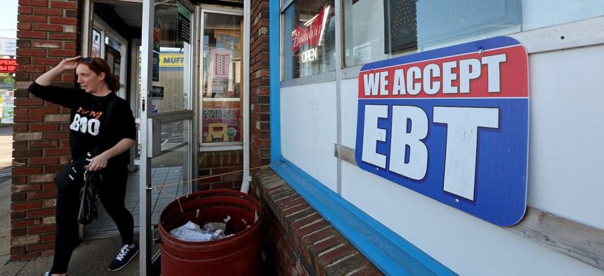 A store in Fall River, Mass.  advertises that they accept EBT cards from customers. Efforts are underway to modernize EBT debit cards to meet industry standards.