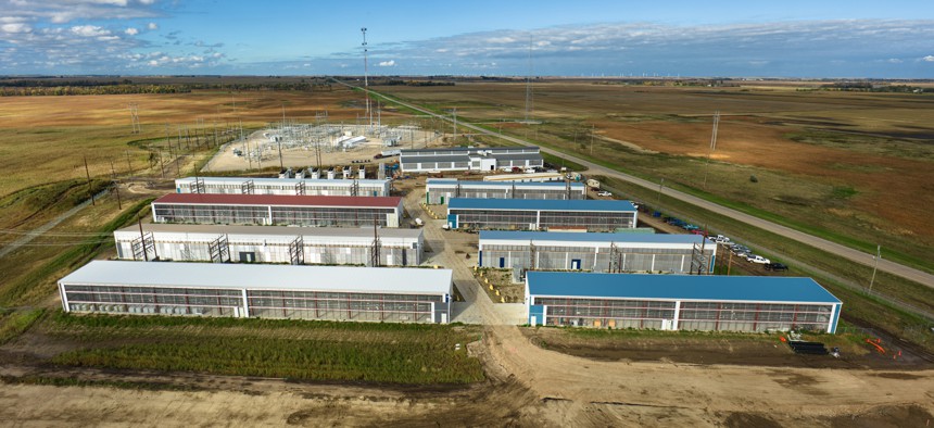 Aerial shot of a data center for cryptocurrency mining, cloud services and AI computing in a large, temperature controlled warehouse in a remote location in Stutsman County, North Dakota.