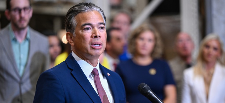 California Attorney General Rob Bonta speaks at an event earlier this year. Bonta and Assemblymember Rebecca Bauer-Kahan introduced a bill requiring that those warning labels disclose social media’s impacts on users’ mental health.