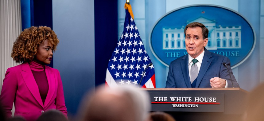 White House National Security Communications Advisor John Kirby, accompanied by White House press secretary Karine Jean-Pierre, left, speaks during a news conference in the Brady Press Briefing Room at the White House on Dec. 12, 2024, in Washington, D.C., during which they discussed drone sightings in New Jersey and other areas along the East Coast and other topics.