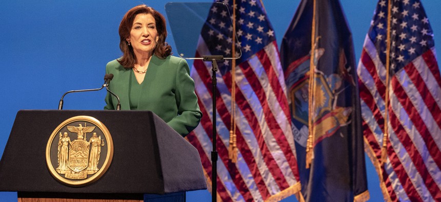 New York Gov. Kathy Hochul speaks during her recent State of the State address. Hochul has proposed spending $13.5 million to help enforce the state's school cellphone ban.