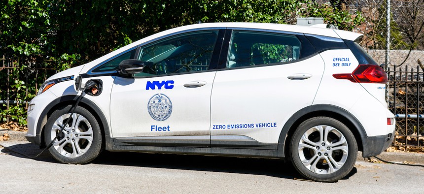 NYC Fleet Chevrolet Bolt EV zero emission vehicle is charging in Central Park in New York City on February 2022.