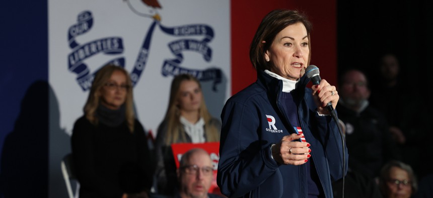 Iowa Gov. Kim Reynolds speaks at a previous event. Reynolds recently announced a state-level 'Department of Government Efficiency,' an homage to President Donald Trump's recent executive order.