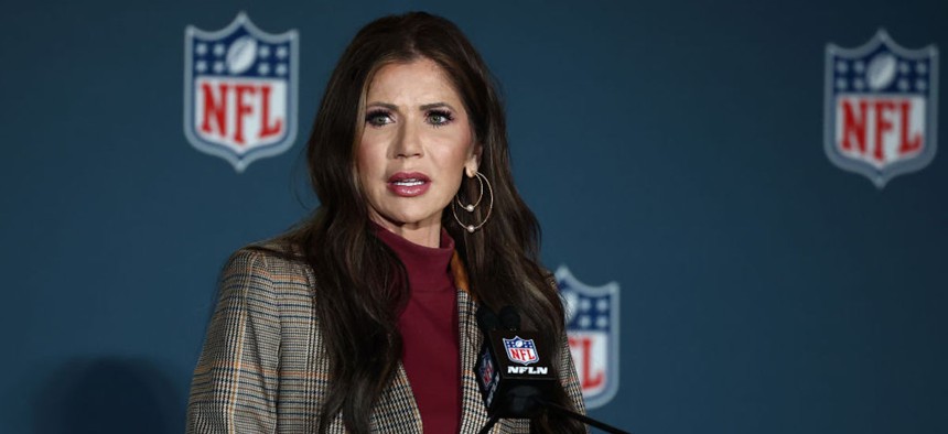 DHS Secretary Kristi Noem speaks during the Super Bowl LIX Public Safety Press Conference at the Ernest N. Morial Convention Center on February 03, 2025 in New Orleans, Louisiana.