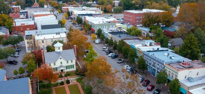 Aerial View of shops on Broad Street in Edenton, North Carolina.