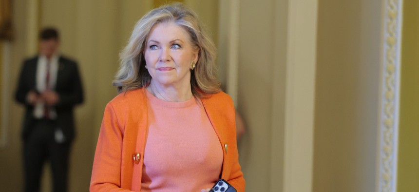 Sen. Marsha Blackburn (R-TN) walks through the U.S.Capitol Building June 16, 2025 in Washington, DC. Blackburn spearheaded a bipartisan amendment to the reconciliation bill before Congress removing a provision creating a moratorium on state enforcement of AI regulations.
