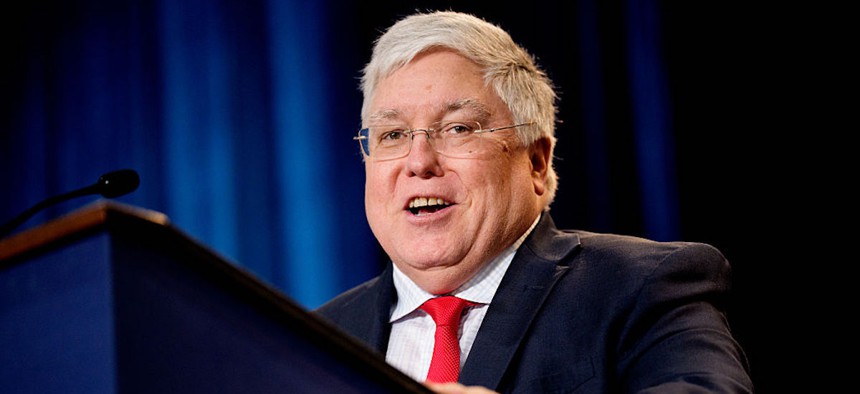 West Virginia Gov. Patrick Morrisey speaks during a news conference at the Health and Human Services Department on April 22, 2025, in Washington, DC. 