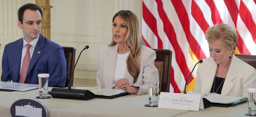 U.S. first lady Melania Trump delivers opening remarks during a meeting of the White House Task Force on Artificial Intelligence Education with Director of the Office of Science and Technology Policy Michael Kratsios (L) and Education Secretary Linda McMahon in the East Room of the White House on September 4, 2025.