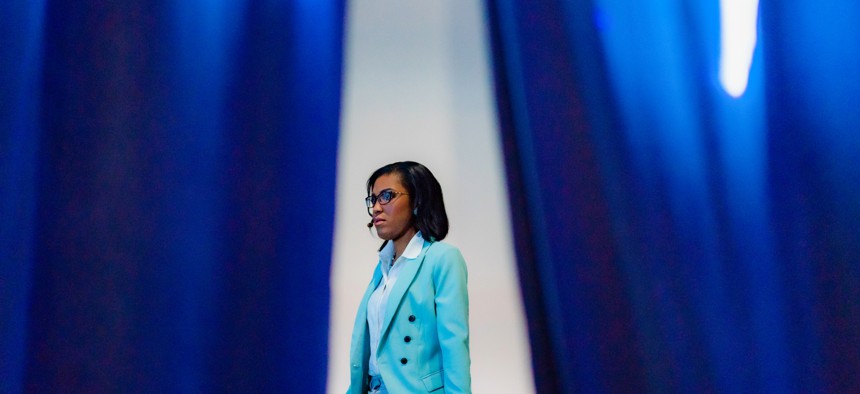 North Carolina State Sen. DeAndrea Salvador waits to take the stage for her 2018 TED Talk. Salvador is suing several companies in federal court for manipulating that TED Talk using AI.