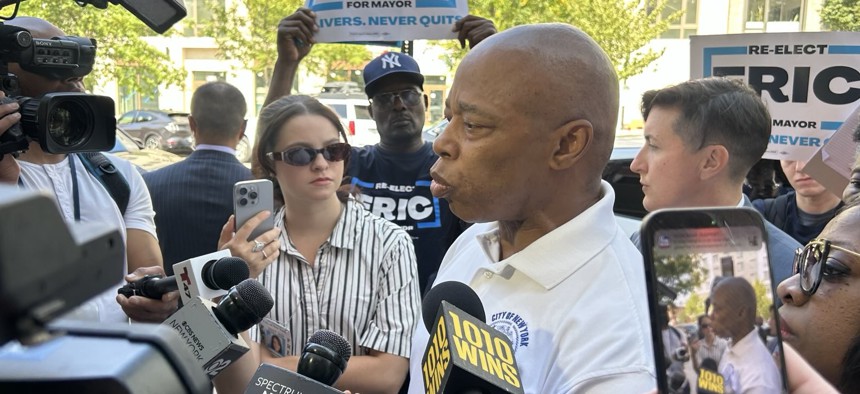 New York City Mayor Eric Adams made a campaign stop in Brooklyn on Monday.