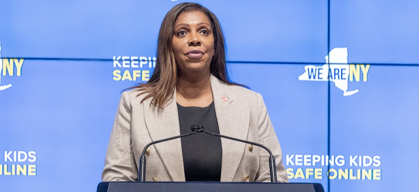 State Attorney General Letitia James speaks about the SAFE for Kids Act on Oct. 11 2023.
