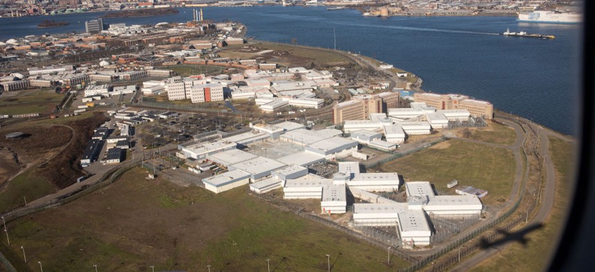 Views of the New York City jails on Rikers Island, as seen from a departing flight from Laguardia Airport on December 10, 2022, in Queens, New York.