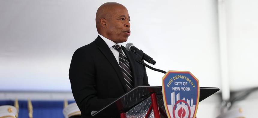 New York City Mayor Eric Adams speaks during a previous event. Adams renewed the controversial Big Apple Connect program on his first day as a lame-duck mayor.