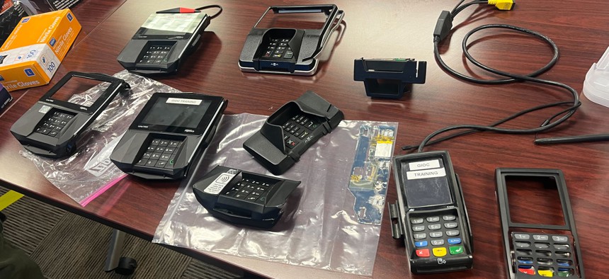 Card skimmers are arrayed on a table as Secret Service agents conduct efforts to find and remove such devices — which thieves use to steal SNAP benefits from vulnerable recipients — in Maryland. last week