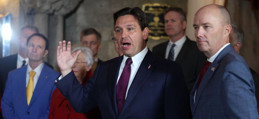 Florida Gov. Ron DeSantis speaks during a news conference along with other Republican governors at the Mar-a-Lago Club on Jan. 9, 2025, in Palm Beach, Florida.