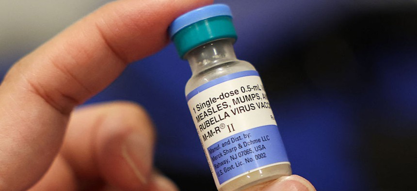 A vial of the Measles, Mumps and Rubella (MMR) vaccination for children is displayed during an immunization event in Los Angeles on Oct. 24, 2025. 