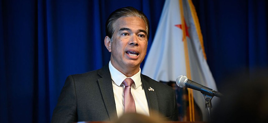 Attorney General Rob Bonta speaks during a press conference at the Office of the Attorney General in Sacramento, California, on Oct. 28, 2025.
