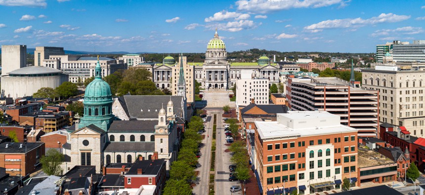 A view of State Street and the Pennsylvania Capitol in Harrisburg.