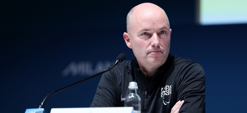 Utah Governor Spencer Cox speaks during the Utah 2034 Organizing Committee press conference on February 10, 2026 in Milan, Italy.