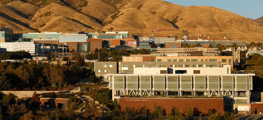 The University of Utah campus taken from the top of the stadium prior to a game between the Utah Utes and TCU Horned Frogs at Rice Eccles Stadium on Oct. 19, 2024, in Salt Lake City