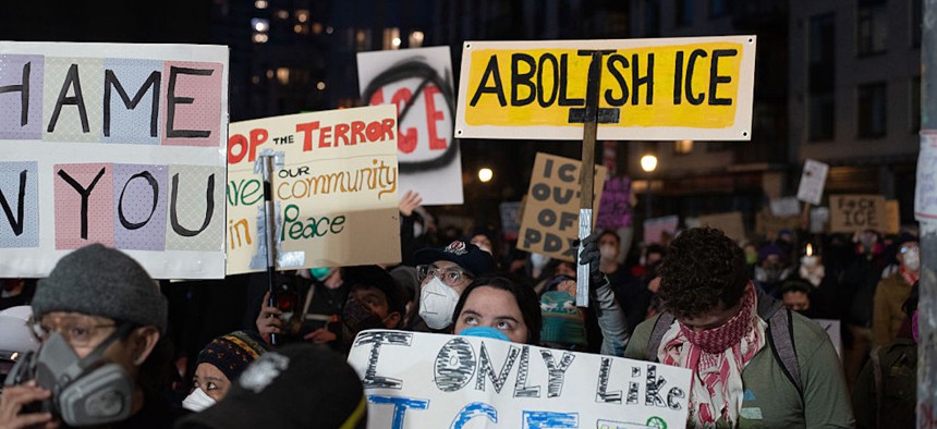 ICE deploys pepper balls, tear gas, and flashbang grenades on hundreds of people who march from Portland City Hall to the ICE facility to protest against the agency's actions in Portland, Oregon, on Feb. 1, 2026. 