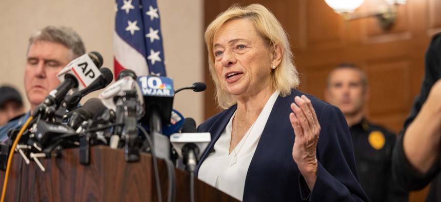 Maine Gov. Janet Mills speaks during a 2023 press conference. Mills vetoed a bill that would impose a moratorium on new data centersin the state.