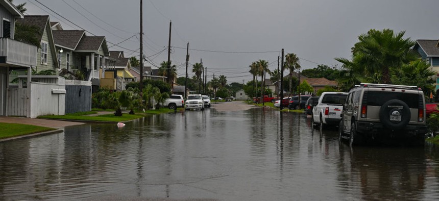 Shown is a flooded Q Street at 59th Street on June 5, 2024, in Galveston, Texas.