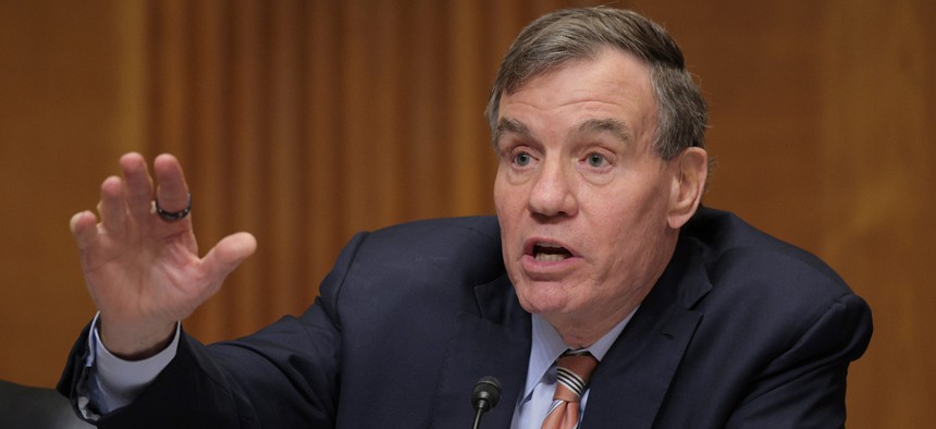 Sen. Mark Warner (D-VA) questions U.S. Treasury Secretary Scott Bessent as he testifies during a Senate Committee on Finance hearing in the Dirksen Senate Office Building on Capitol Hill on June 03, 2026.