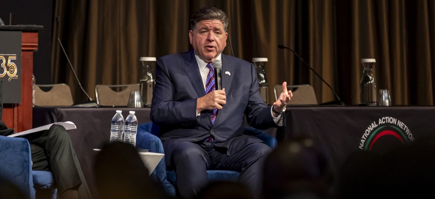 Illinois Gov. J.B. Pritzker speaks during a previous event. Pritzker signed a sweeping state AI law this week.