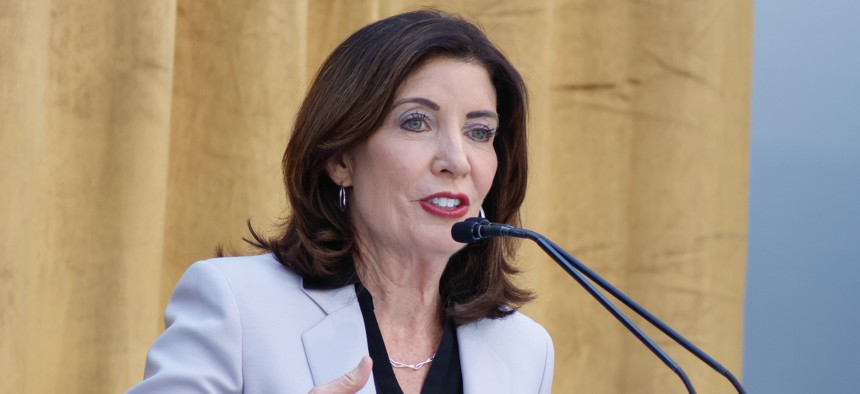 New York Gov. Kathy Hochul speaks during a recent event. Hochul signed a first-in-the-nation one-year moratorium on hyperscale data centers in the state.