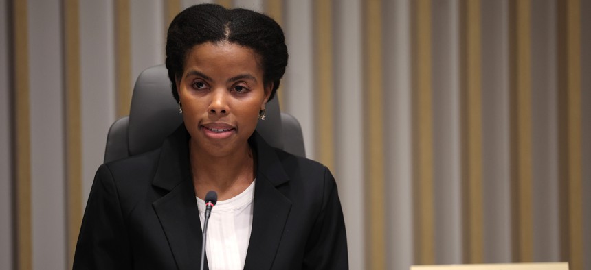 FCC Commissioner Olivia Trusty speaks during a recent commission meeting. Trusty has called on more states to make telecom infrastructure vandalism a felony.