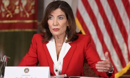 New York Gov. Kathy Hochul speaks during a roundtable discussion regarding her recent executive order establishing a moratorium on data centers in the state.