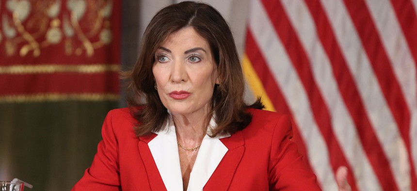 New York Gov. Kathy Hochul speaks during a roundtable discussion regarding her recent executive order establishing a moratorium on data centers in the state.