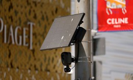A Flock Safety camera is shown mounted to a light pole on Aug. 3, 2026 in Beverly Hills, California