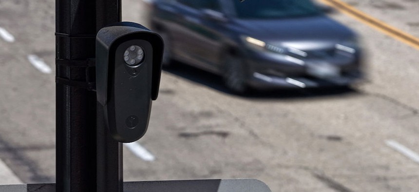 An aerial view of a Flock Safety camera mounted to a light pole on Aug, 3, 2026 in Burbank, California. 