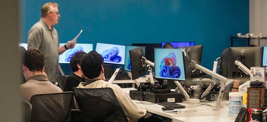 Students work at computer stations during a free after-school STEM program hosted by the ExxonMobil Foundation for Houston ISD and KIPP Texas students at the Teen Engineering and Tech Center in Houston on Wednesday, Jan. 28, 2026.
