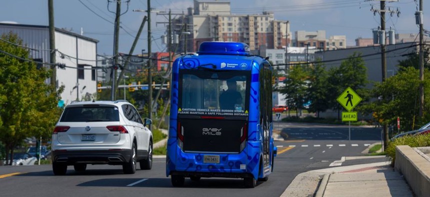 Testing of the Relay shuttle, an electric and autonomous vehicle, is underway in Fairfax, VA, on Tuesday, Aug. 11, 2020. The shuttle service will carry passengers between Dunn Loring Metro and t he Mosaic District as part of a pilot program bringing the driverless technology to Northern Virginia.