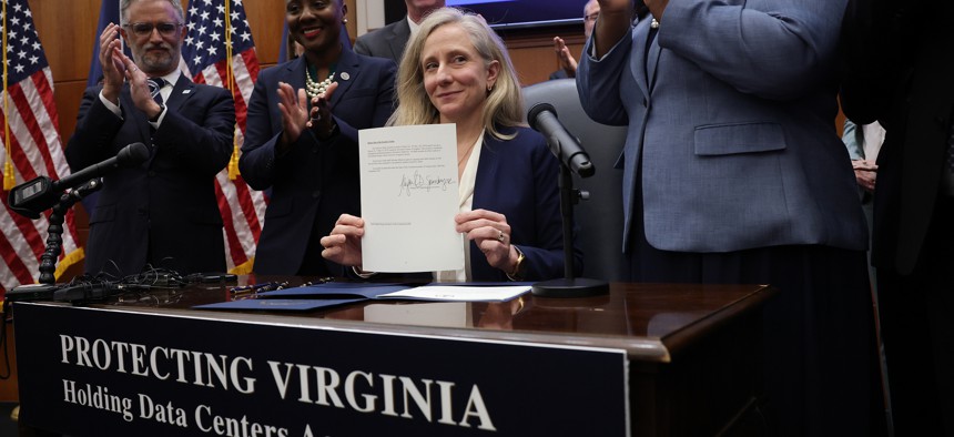 Virginia Gov. Abigail Spanberger at a signing ceremony for her Data Center Accountability Framework, a set of standards for the centers' development.
