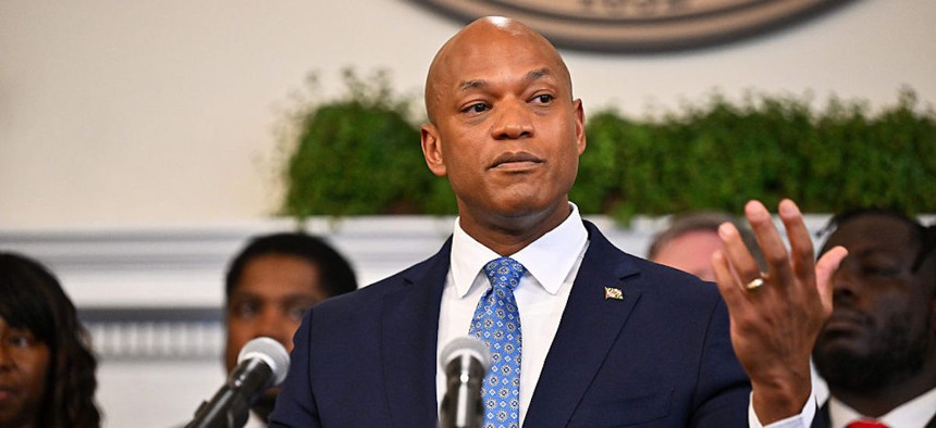 Maryland Gov. Wes Moore speaks during a press conference at the Maryland State House on Aug. 5, 2025, in Annapolis, Maryland.