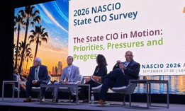 NASCIO Executive Director Doug Robinson (left) discusses findings from the the organization's annual survey with state CIOs Warren Sponholtz, Christine Sakuda and Tony Sauerhoff. The survey identifies trends and challenges shaping state government technology. 
