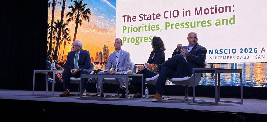 NASCIO Executive Director Doug Robinson (left) discusses findings from the the organization's annual survey with state CIOs Warren Sponholtz, Christine Sakuda and Tony Sauerhoff. The survey identifies trends and challenges shaping state government technology.
