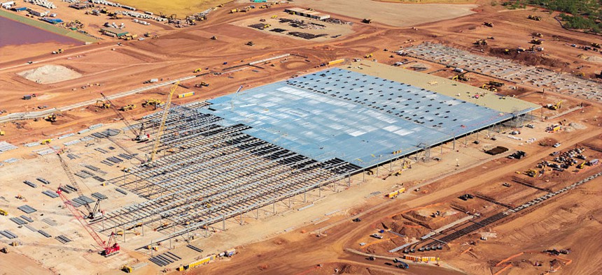 In an aerial view, sections of the Stargate Oracle AI data center undergoes construction on Aug. 26, 2026 in Abilene, Texas.