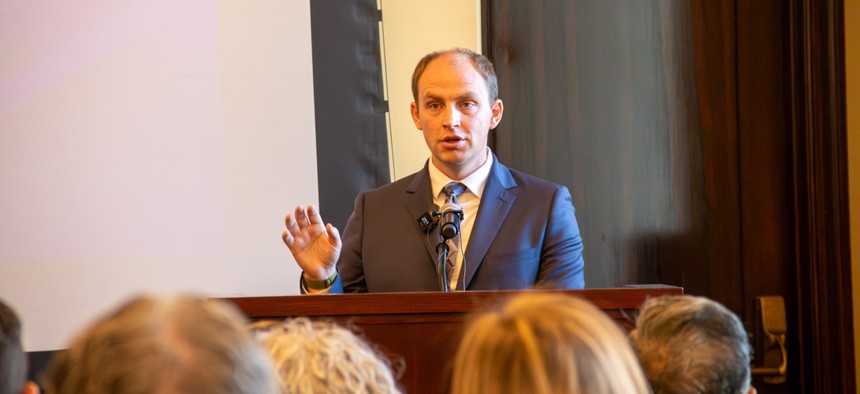 Zach Boyd, director of Utah’s Office of Artificial Intelligence Policy, speaks at a press conference unveiling the AI sandbox expansion on Monday Oct. 5