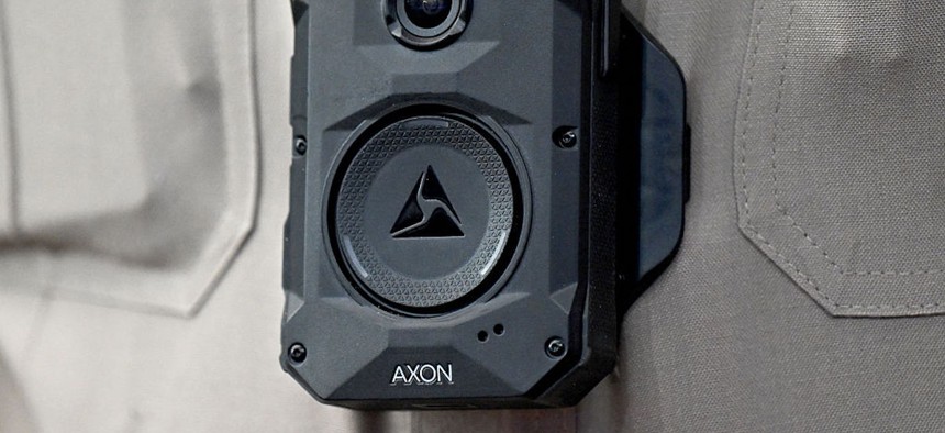 An Arizona State Trooper law enforcement officer wears an AXON body camera during a sporting event in Glendale, Arizona, on Feb. 23, 2025.