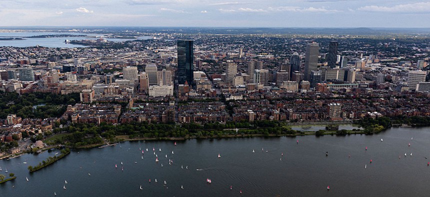 An aerial view over Boston on Aug. 14, 2026.