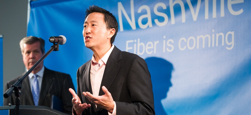 Kevin Lo, the general manager of Google's fiber-optic Internet services, announces during a news conference in Nashville, Tenn., on Tuesday, Jan. 27, 2015, that the city is among four metro areas selected to gigabit-speed connection.