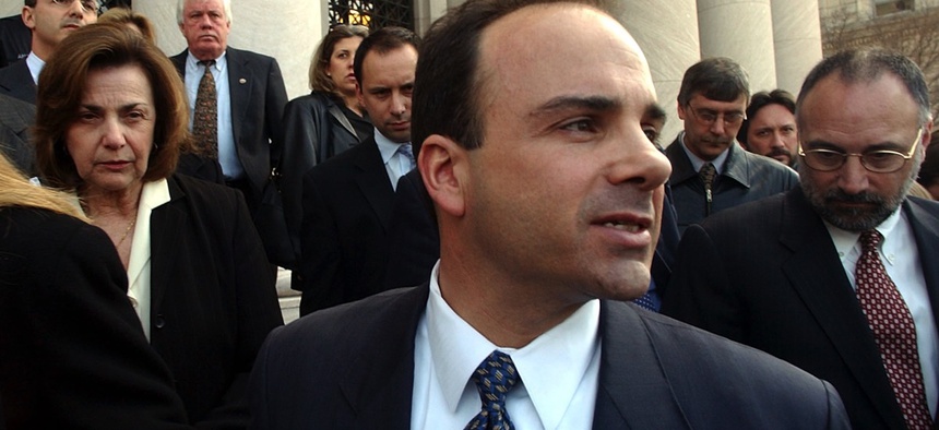 Bridgeport, Conn., Mayor Joseph Ganim leaves U.S. District Court in New Haven, Conn., Wednesday, March 19, 2003, after he was found guilty on 16 of 21 federal corruption charges.